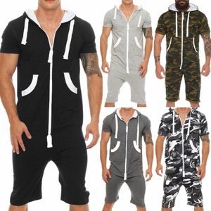 Summer Men Camoue Solid Color Zipper Romper Short Sleeve Hooded Jumpsuit R4ft#