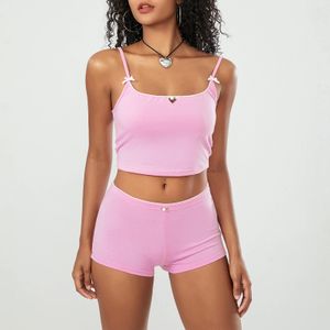 Frauen Sommer Fee Coquette Sexy 2 Stück Set Kawaii Spaghetti Strap Hohl Blume Camis Crop TopsShorts Club Party Outfits 240315