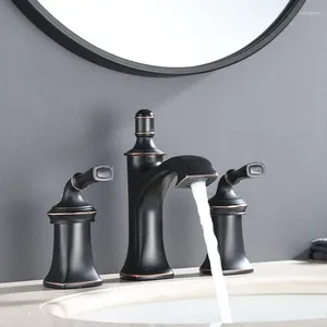 Badezimmer-Waschtischarmaturen, mit Öl eingeriebener Bronze, hochwertiger Messing-Wasserhahn, 3 Löcher, 2 Griffe, ORB Kaltwasser-Waschbecken-Mischbatterie, künstlerisches Bad