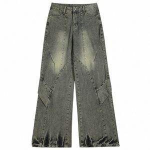 Mężczyźni Vintage workowate dżinsy Patchwork Designer Retro Blue Lose Proste Denim Pants Harajuku Streetwear Dżinsy spodnie 62pe#