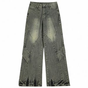 män vintage baggy jeans lapptäcke designer retro blå lös rak denim byxor harajuku streetwear jeans byxor 62pe#