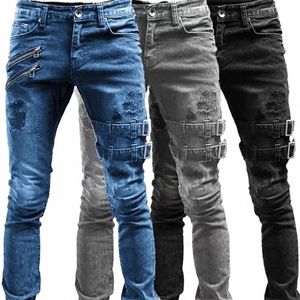 Retro Moto Biker Straight Elastic Jeans Men Zipper Hole Streetwear Punk Skinny Denim Cargo Pants Pantales Hombre Y2K kläder 69ez#