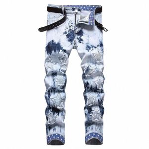 men Pleated Stars Patch Jeans Tie and Dye Stretch Denim Pants Streetwear Printed Hem Slim Straight Trousers O7Z6#