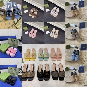 Two G buckle slipper square toe leather slides denim sandal slippers slip on slides flats mule Letters Embeoidery Matelasse Quilted Leather Slides loafer mules