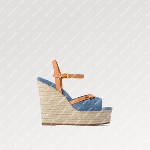 Explosão nova sandália feminina Helios Wedge 1ACIZP sapatos casuais sola de corda azul garanhão tom dourado corda trançada alpercata clássica fivela dourada