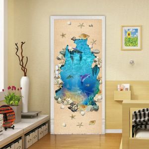 Klistermärken Sea Fish Dolphin Door Sticker Underwater World Selfadhesive Wallpaper For Bedroom Cartoon Ocean Animal Mural Doors Cover Affisch