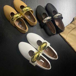 Fransk bekväm äkta läder Flat 2024 New Round Head Elastic Belt Metal Buckle Commuter Mary Jane Women's Single Shoes