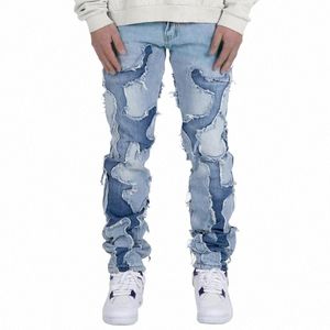 high Street Vibe Style Patchwork Frayed Jeans Pants for Men Retro Wed Hole Ripped Casual Loose Denim Trousers Oversized j9D5#