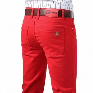 3 färger Spring Fi Classic Style Men's Slim Yellow Red Pink Jeans Busin Casual Cott Stretch Denim Pants Byxor Male V1YY#