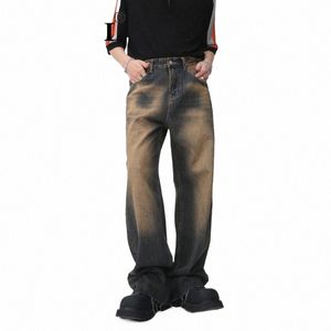 Noymei Jean Men Made Old Rust Earth Ragged Edge Denim High Street Fabryczne proste spodnie Nowe spodnie Ctrast Kolor WA1896 41cn#