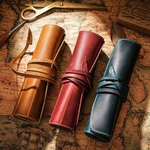 100 Genuine Leather Rollup Pencil Bag Storage Pouch Organizer Wrap Vintage Retro Creative School Stationary Product 240311