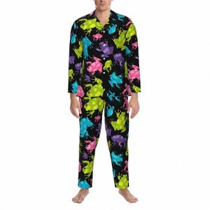 wielokolorowa żaba Pajama Zestawy akwarelowe zabawne zwierzę wygodne twel snu Men LG-Sleeve Dwuczęściowy garnitur domowy Q2S4#