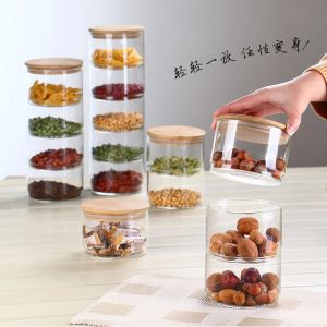 Storage New1200 Ml 3layer Glass Can Kitchen Food Bulk Container Set for Spice Dry Fruit Storage Tank Salad Bowl Box Mason Jars with Lid