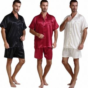 Herren-Pyjama aus Seidensatin, Pyjama-Pyjama, kurzes Set, Nachtwäsche, Loungewear, U.S.S, M, L, XL, 2XL, 3XL, 4XL, einfarbig, 6 Farben