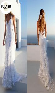 Women Vintage Boho Long Backless White Beach Party Dress Appliques Lace V Neck Spaghetti Strap Princess Bride Vestidos Casual Dres4331376