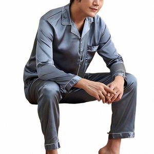 ice Silk Pajamas Set Pullover Summer Lg-sleeved Thin Silk Pajamas for Men Casual Homewear Suit Sleepwear Top Pants Clothing N9JE#