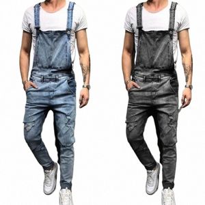 Slim-fit rasgado denim macacão marca masculina cott denim macacão masculino em linha reta legal rua hip-hop denim macacão calças homens y0kX #