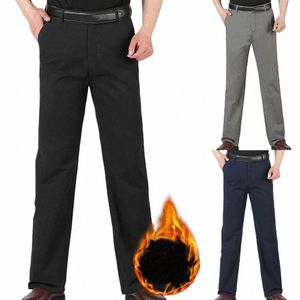 fi Men's Winter Warm Fleece Lined Pants Solid Color Casual Stretch Straight Pants Middle Waist Busin Trousers r8Vu#