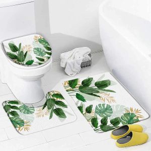 Mats Tropical Leaves Bath Mat Set Watercolour Plants Green Gold Palm Leaf Monstera Flannel Bathroom Decor NonSlip Rugs Toilet Cover