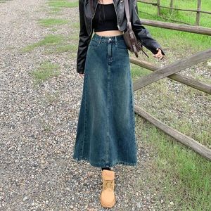 التنانير Lucyever Split Denim Skirt for Women 2024 Summer Summer Y2K High High Weist Long Ender Ontage Blue A-Line Jean