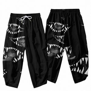 Carto Dem Mouth Printed Black Men Japanese Harem Trousers Casual Elastic midja Kimo Croped Pants Streetwear W89B#