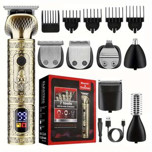 Kit de tratamento de cabelo profissional 7 em 1 para homens, aparador de lâmina em T sem folga zero, corpo de nariz para homens: aparar, barbear e pentear com um aparador de metal