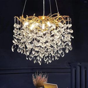 Ljuskronor Modern Crystal Round Gold Light Fixture med K9 Crystals Raindrop 7-Light Large Tree Branch Chandelier för middagar