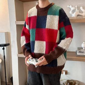 Herrenpullover Farbblock Herbst und Winter für Männer Streetwear Dicker loser runder Halsplaid Langschlepper Bekleidungsbasis Paare