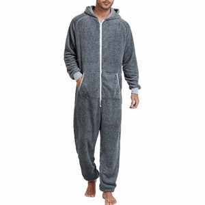 Herren-Overall mit Kapuze, Pyjama, LG-Ärmel, V-Ausschnitt, Reißverschluss, Strampler, Hosen, Herbst, Winter, warme Loungewear, Nachtwäsche H4E3 #