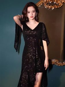 Elegant Black Sequin Prom Dresses for Women Evening Gown Midi V-neck Short Party Sexy 3/4 Sleeveless Party Gown robe de soiree