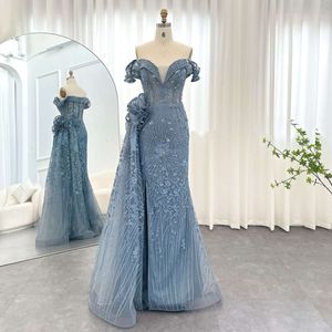 Klänningar kväll sa Sharon Mermaid Blue Dubai 3D blommor med overskirt plus storlek elegant kvinna bröllopsfest klänning ss156