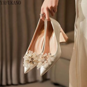 Dress Shoes Champagne Color Wedding Prom Women Thick Heels Bride Elegant Crystal Flower Decor Party Ladies Pumps 6cm/8cm