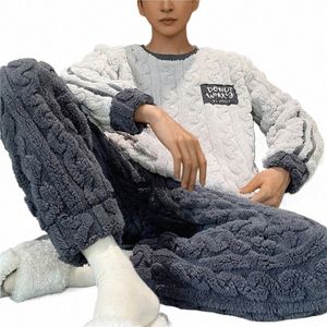 겨울 남자 두껍게 산호 veet pijamas 잠자기 만화 레저 잠옷 세트 부드러운 산호 양털 파자마 homme 소매 l47d#