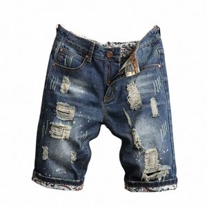 2024 Summer New Men Vintage Ripped Short Jeans Streetwear Hole Straight Slim Denim Shorts Male Brand Clothes e5MJ#