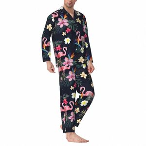 Pássaros tropicais Pijamas Outono Flamingo Imprimir Casual Conjuntos de pijama de grandes dimensões Homem LG-Sleeve Lovely Daily Custom Nightwear i5JQ #