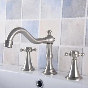 Banyo Lavabo muslukları fırçalanmış nikel pirinç güverte monte edilmiş havza musluğu yaygın makyaj mikseri musluk üç delik/iki tutamaç Anf687