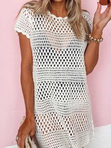 Basic Casual Dresses 203 Crochet Hollow Out O-Neck Mini Dress White Sexy Elegant Vintage Short Sles Loose Women Solid Color Club Party SkirtC24315