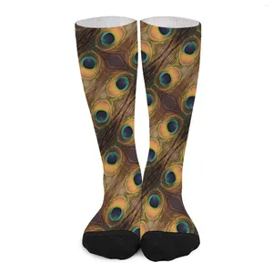 Women Socks Colorful Peacock Feathers Stockings Girls Green Gold Warm Soft Leisure Skateboard Anti Slip Graphic Gift