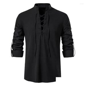 Mense Casual Shirts 2023 Spring/Summer Cotton Linen Shirt Stående krage långärmad Henley Foreign Trade European Size Drop Delivery OTF8K