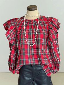 Damen-Bluse mit Karomuster und schönem Rüschen-Plissee-Oberteil, langärmlig, O-Ausschnitt, Blusen-Shirt 240326