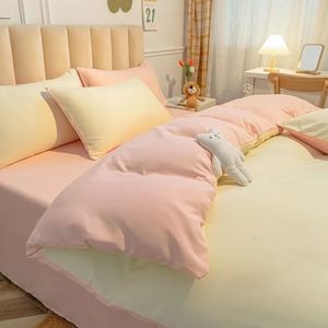 Cream Style Solid Colors Pink Yellow Bedding Set Twin Full Queen King Size Bed Linen Girls Adults Bed Plat Sheet Pillow Case 240319