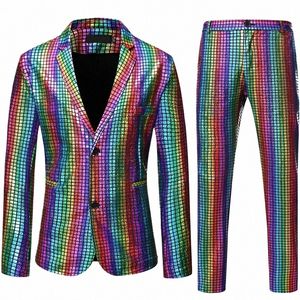mens Stage Prom Suits Shiny Rainbow Plaid Sequin Jacket Pants Men Dance Festival Christmas Halen Party Costume Homme 936L#