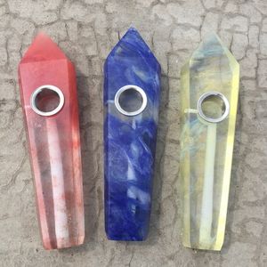 Cool Colorful Smoking Crystal Natural Gemstone Stone Pipes Portable Handmade Dry Herb Tobacco Filter Metal Scoon Spoon Bowl Innovative Cigarette Holder DHL