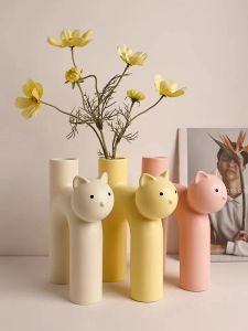 Vases Creative Ceramic Flower Vase Cute Tubular Kawaii Cat Vase Room Home Desktop Decoration Art Ornament Gift Flowerpot Free Shipping