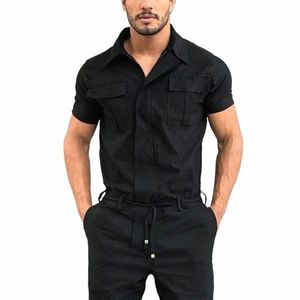 men's Casual One-Piece Suit Male Fi Streetwear Men Jumpsuits Pockets Cargo Pants Sets Solid Color Short Sleeve MY898 L5iL#