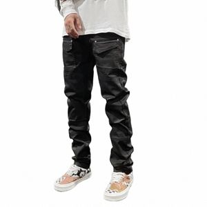 Streetwear Kanye Slim Fit Fet Coated Black Dżinsy dla mężczyzn szczotkowane szczotkowane wosk zwężane spodnie Man Casual Cargo Dżinsy Y2K L9I3#