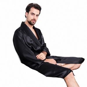 Large Men Men Robe Kimo Bathobe Suknia z kieszenią czarną jedwabną satynową satynową odzież nocna wiosna letnia odzież domowa 5xl 6xl 7xl H2GS#