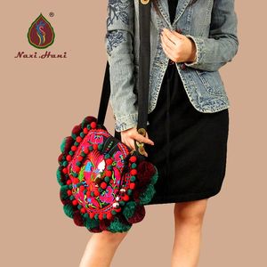 naxi 브랜드 여성 가방 겨울 패션 원형 폼폰 캔버스 가방 빈티지 자수 민족 가방 여성 어깨 크로스 바디 가방 240309
