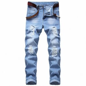 new Men's Wear Ripped Straight Fit Stretchl Jeans Fiable Blue Casual Hip Hop Party High Quality Denim Pants b3Wv#