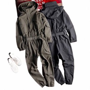 2024 Spring och Autumn New Hip-Hop Retro Workwear Jumpsuit Mens Casual Loose LG-ärmad Khaki Hooded Jumpsuit Suit For Men W7bm#